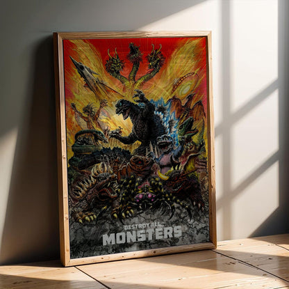 Destroy All Monsters (1968) Movie Illustrated Art poster in an oak frame leaning on a wooden floor