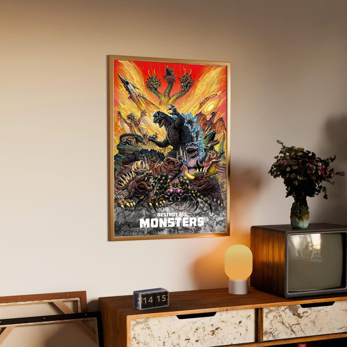 Destroy All Monsters (1968) Movie Illustrated Art poster in an oak frame above a sideboard