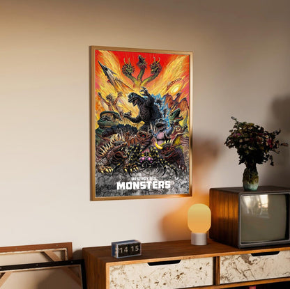 Destroy All Monsters (1968) Movie Illustrated Art poster in an oak frame above a sideboard