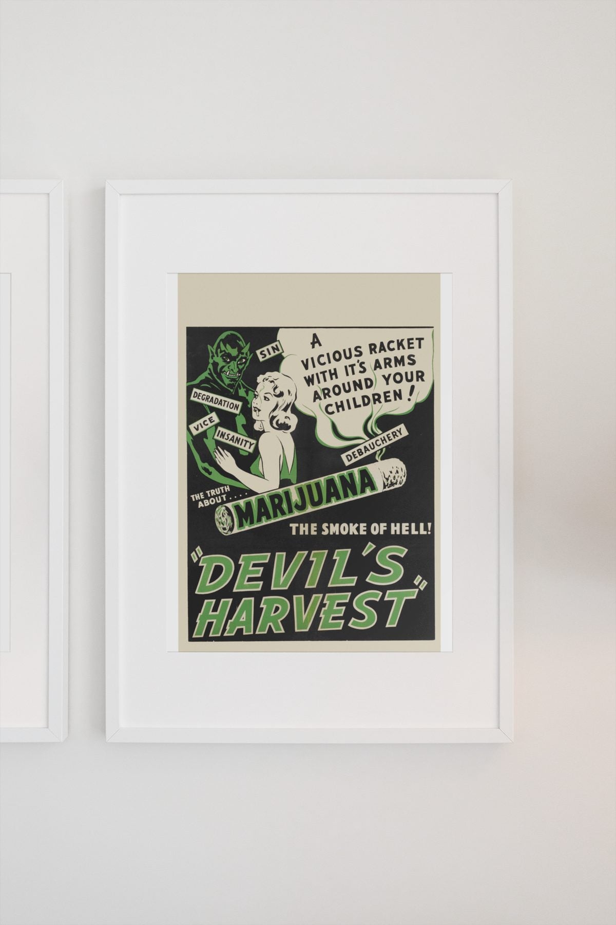 Devils Harvest poster on a light wall