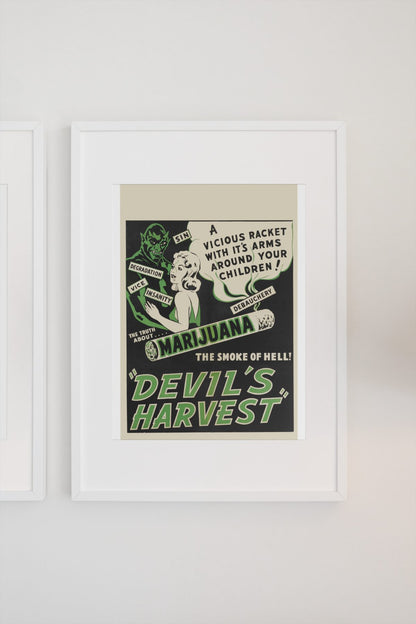 Devils Harvest poster on a light wall