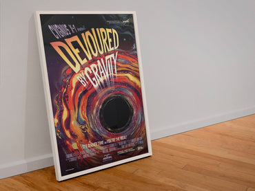 Devoured by Gravity, Cygnus X-1 poster in a white frame leaning against a wall