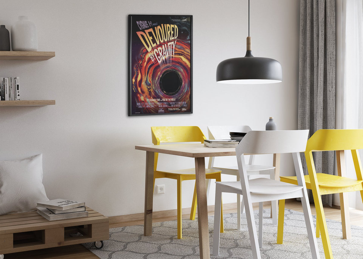 Devoured by Gravity, Cygnus X-1 poster framed above a dining table