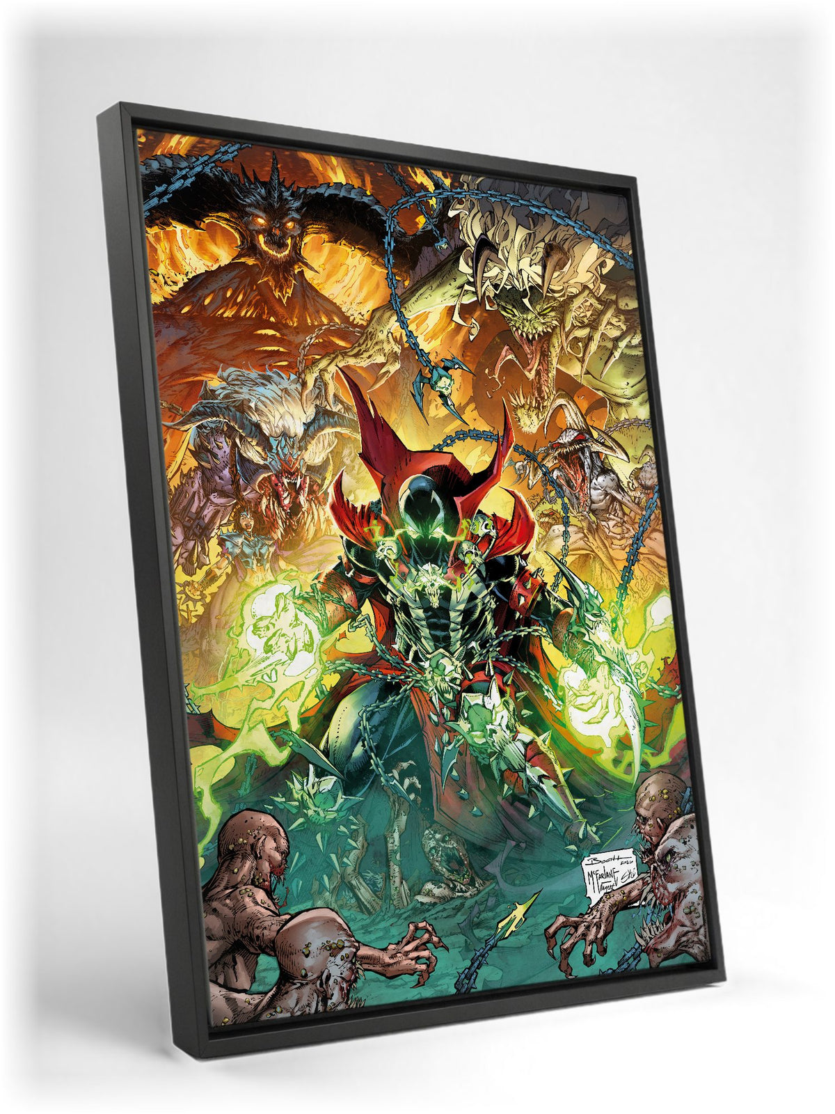 Diablo Immortal x Spawn Todd McFarlane Art as a black floater framed canvas leaning against a wall
