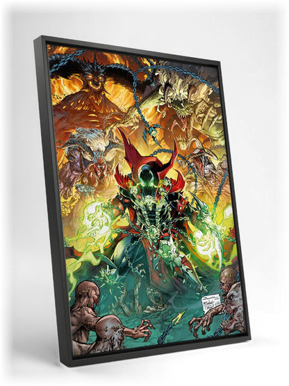 Diablo Immortal x Spawn Todd McFarlane Art as a black floater framed canvas leaning against a wall
