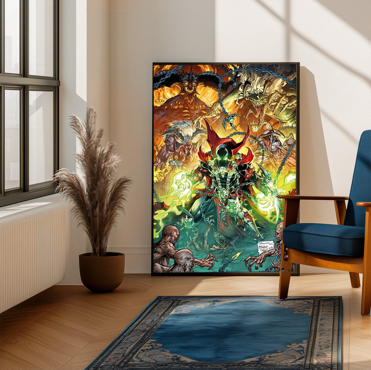 Diablo Immortal x Spawn Todd McFarlane Art poster framed beside a blue armchair in a sunlit room