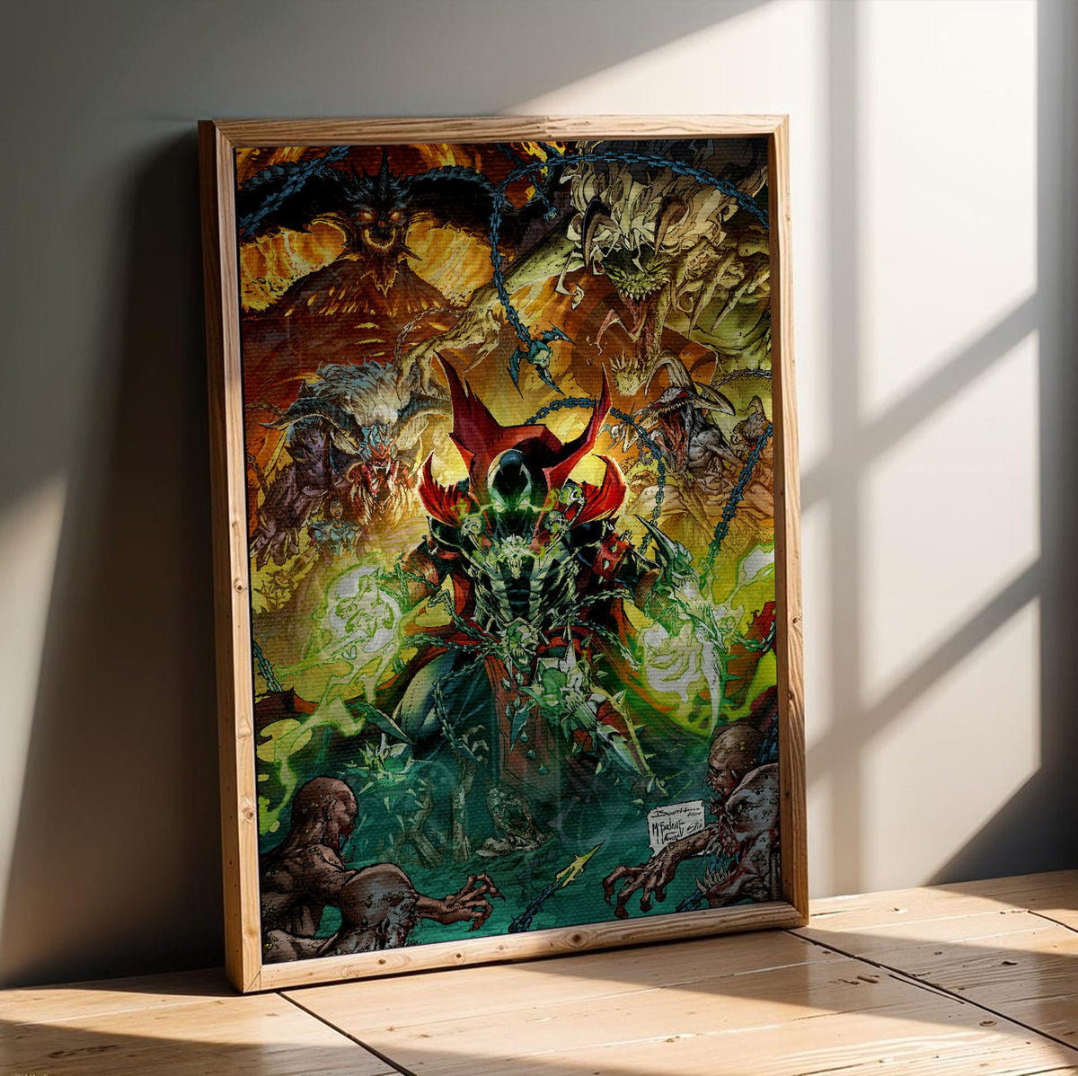 Diablo Immortal x Spawn Todd McFarlane Art poster in an oak frame leaning on a wooden floor