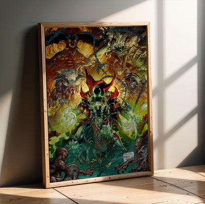 Diablo Immortal x Spawn Todd McFarlane Art poster in an oak frame leaning on a wooden floor