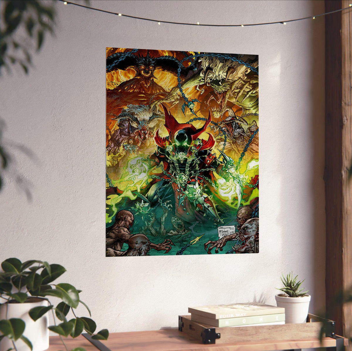 Diablo Immortal x Spawn Todd McFarlane Art poster unframed on a white wall above a desk