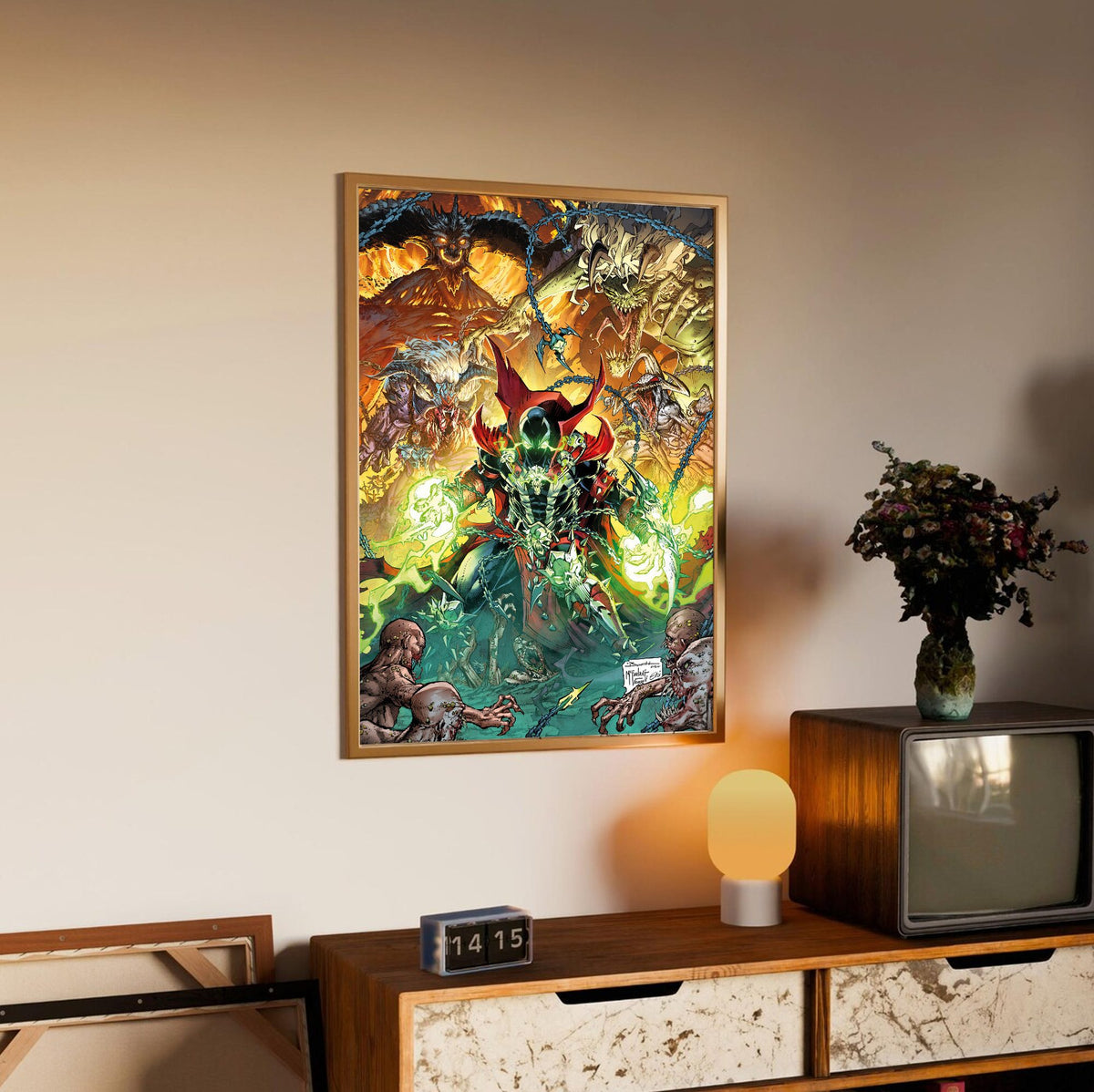 Diablo Immortal x Spawn Todd McFarlane Art poster in an oak frame above a sideboard