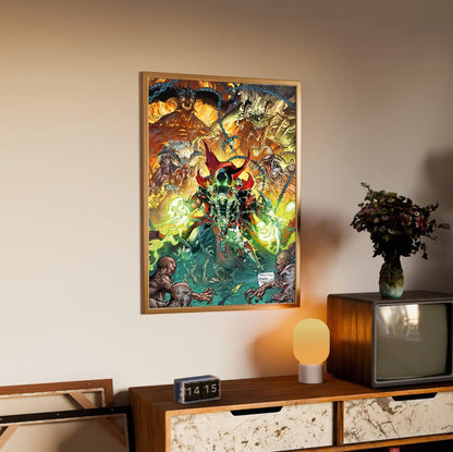 Diablo Immortal x Spawn Todd McFarlane Art poster in an oak frame above a sideboard