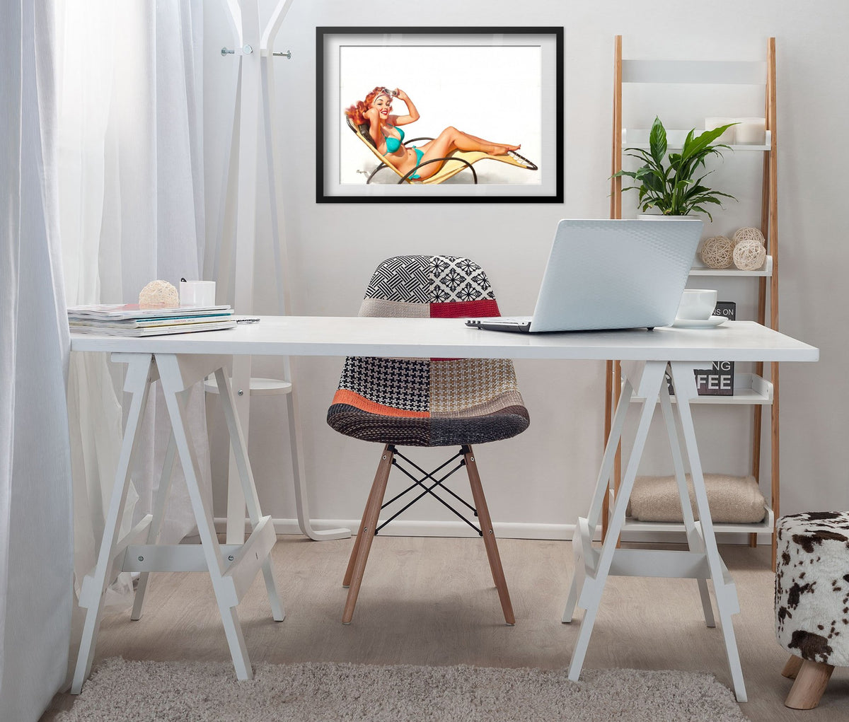 Did You Say Something? by Gil Elvgren, pin-up poster — desk styling