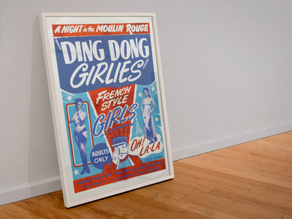 Ding Dong Girlies poster in a white frame leaning against a wall