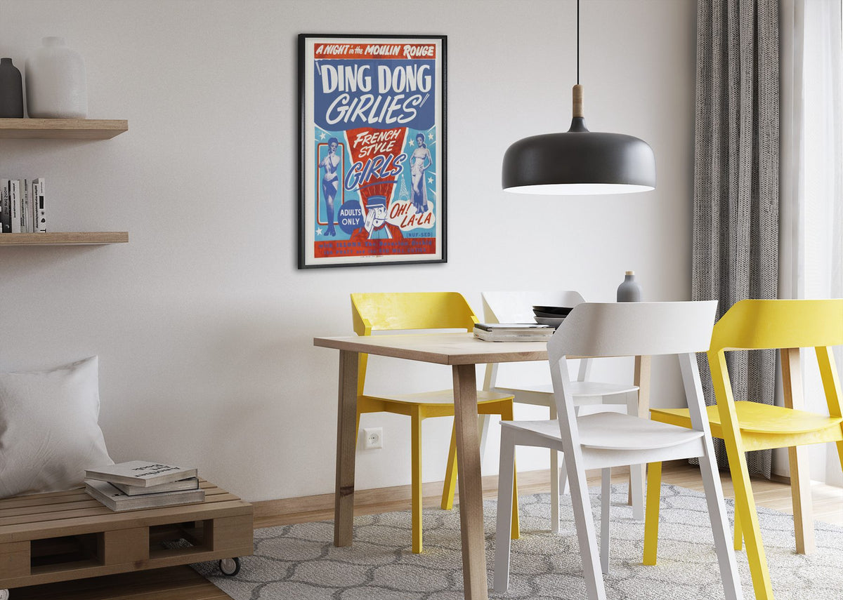 Ding Dong Girlies poster framed above a dining table