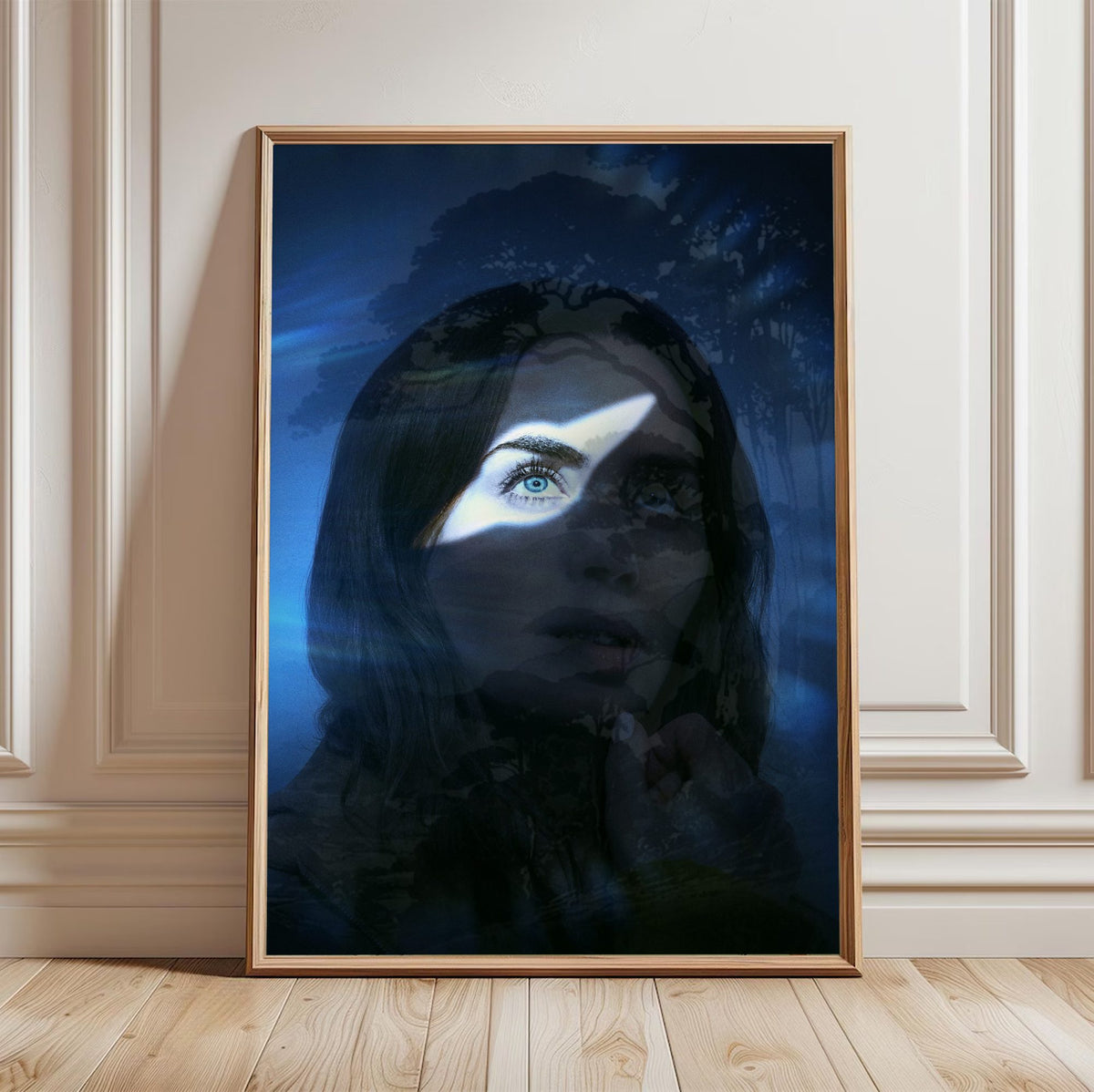 Disclosure Day (2026) Movie Key Art poster in a light oak frame leaning against a white wall