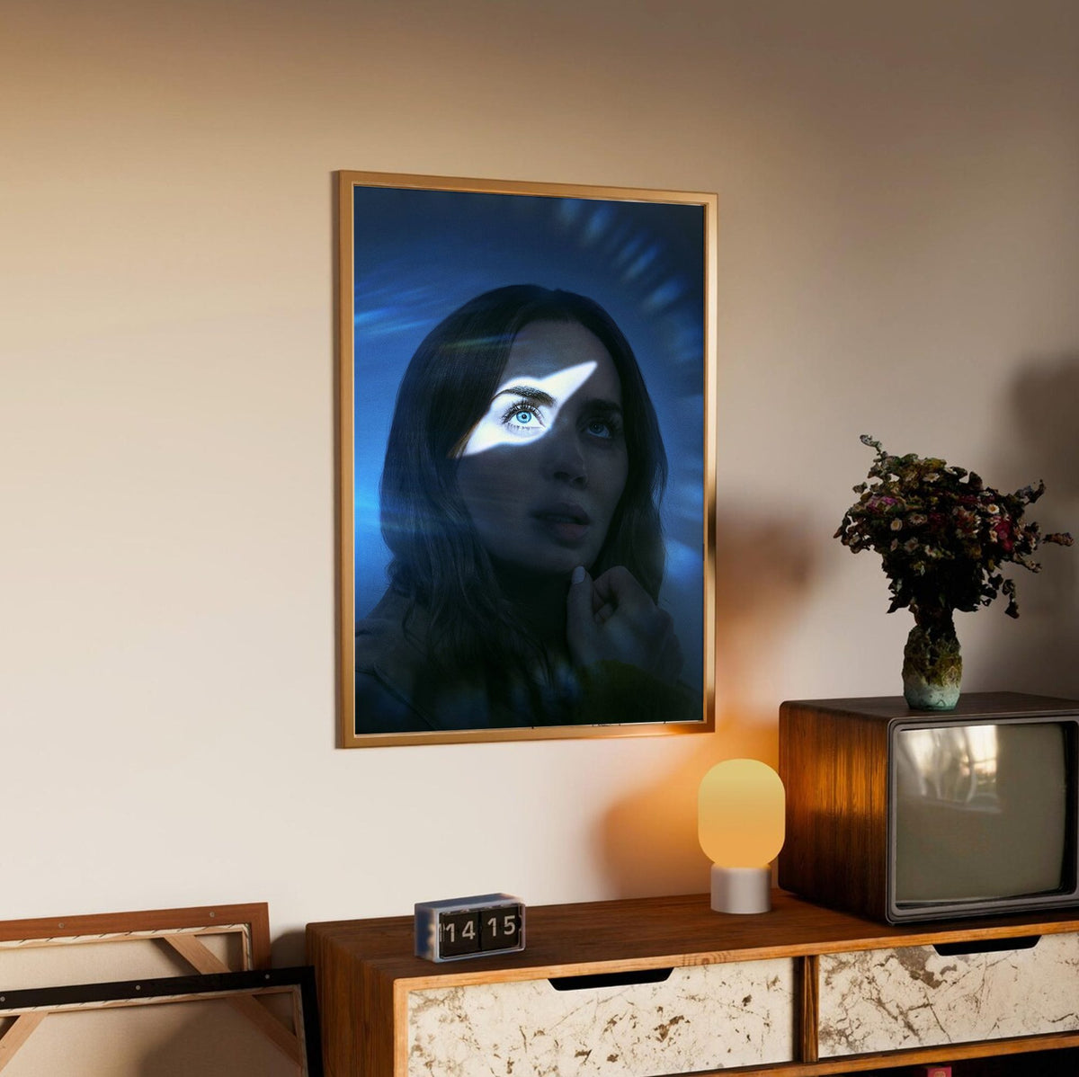 Disclosure Day (2026) Movie Key Art poster in an oak frame above a sideboard