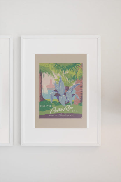 Discover Puerto Rico WPA poster on a light wall