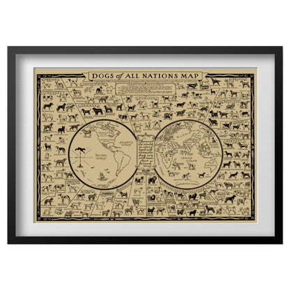 Dogs of the World 1936 Map print in a black frame with a white mat