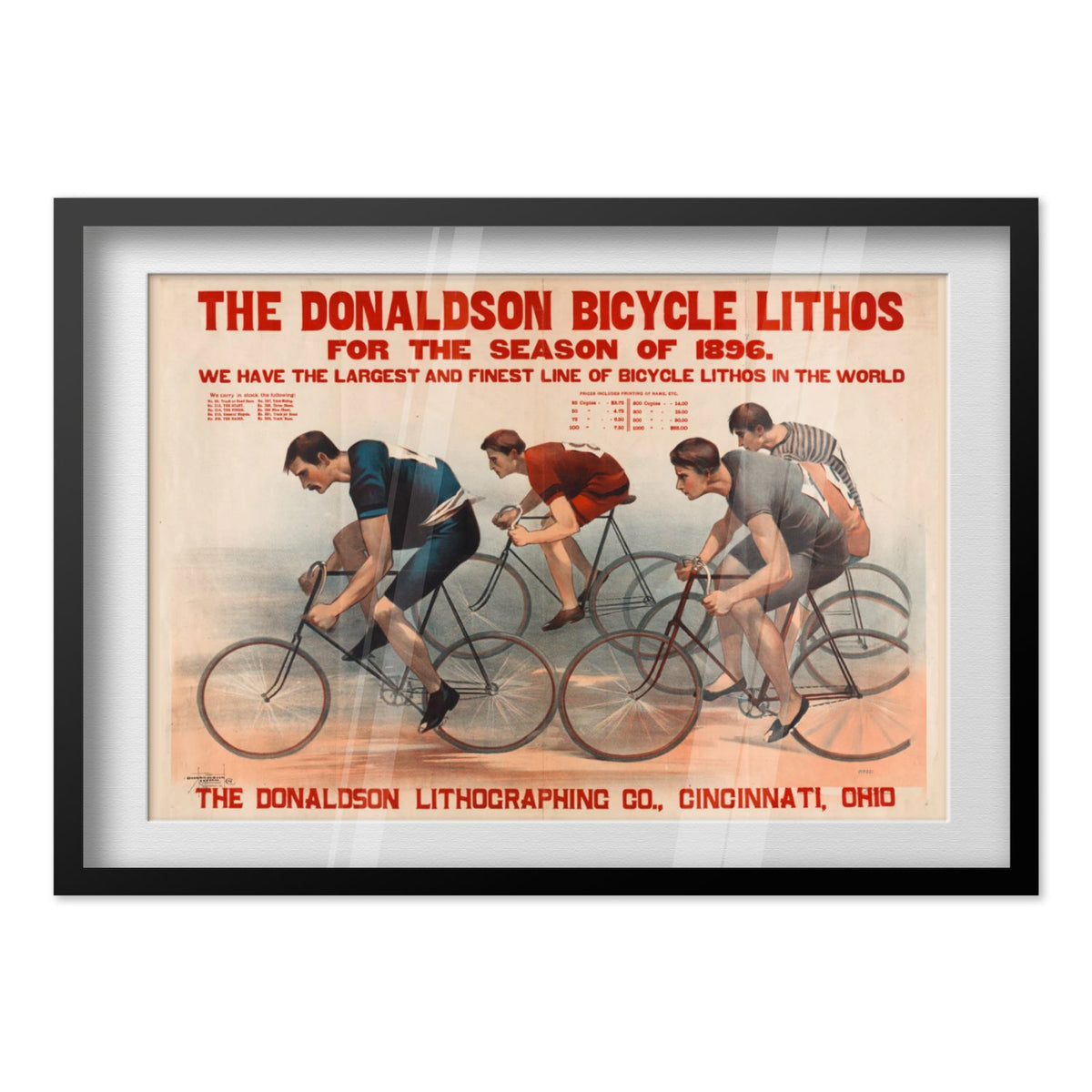Donaldson Bicycle Racing 1896 poster in a black frame