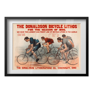 Donaldson Bicycle Racing 1896 poster in a black frame