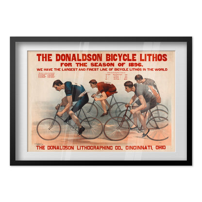 Donaldson Bicycle Racing 1896 poster in a black frame