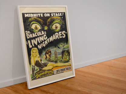 Dr Draculas Living Nightmares poster in a white frame leaning against a wall