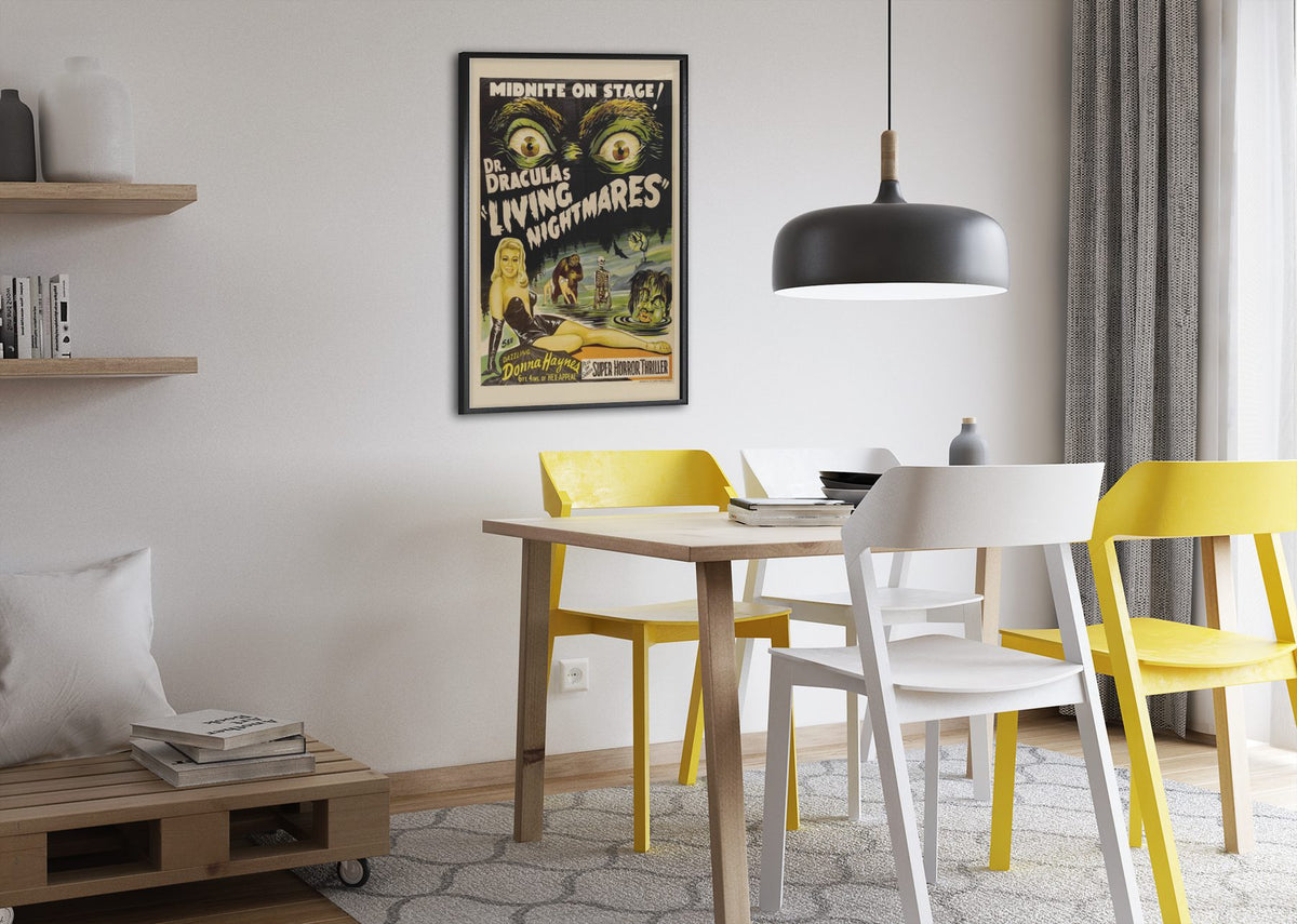 Dr Draculas Living Nightmares poster framed above a dining table