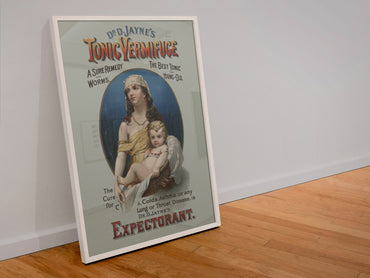 Dr Jaynes Tonic Vermifuge poster in a white frame leaning against a wall