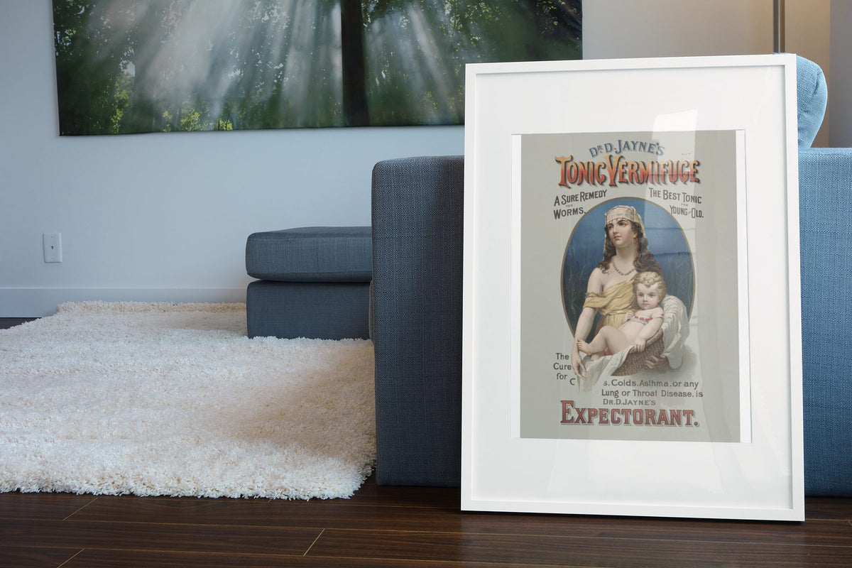 Dr Jaynes Tonic Vermifuge poster leaning beside a blue sofa