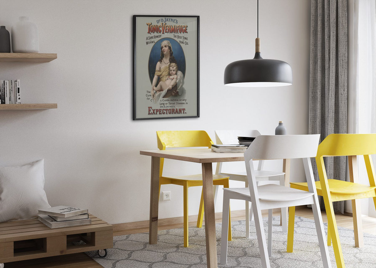 Dr Jaynes Tonic Vermifuge poster framed above a dining table