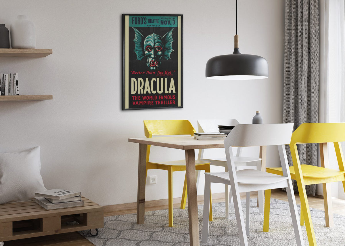 Dracula The Vampire Play poster framed above a dining table