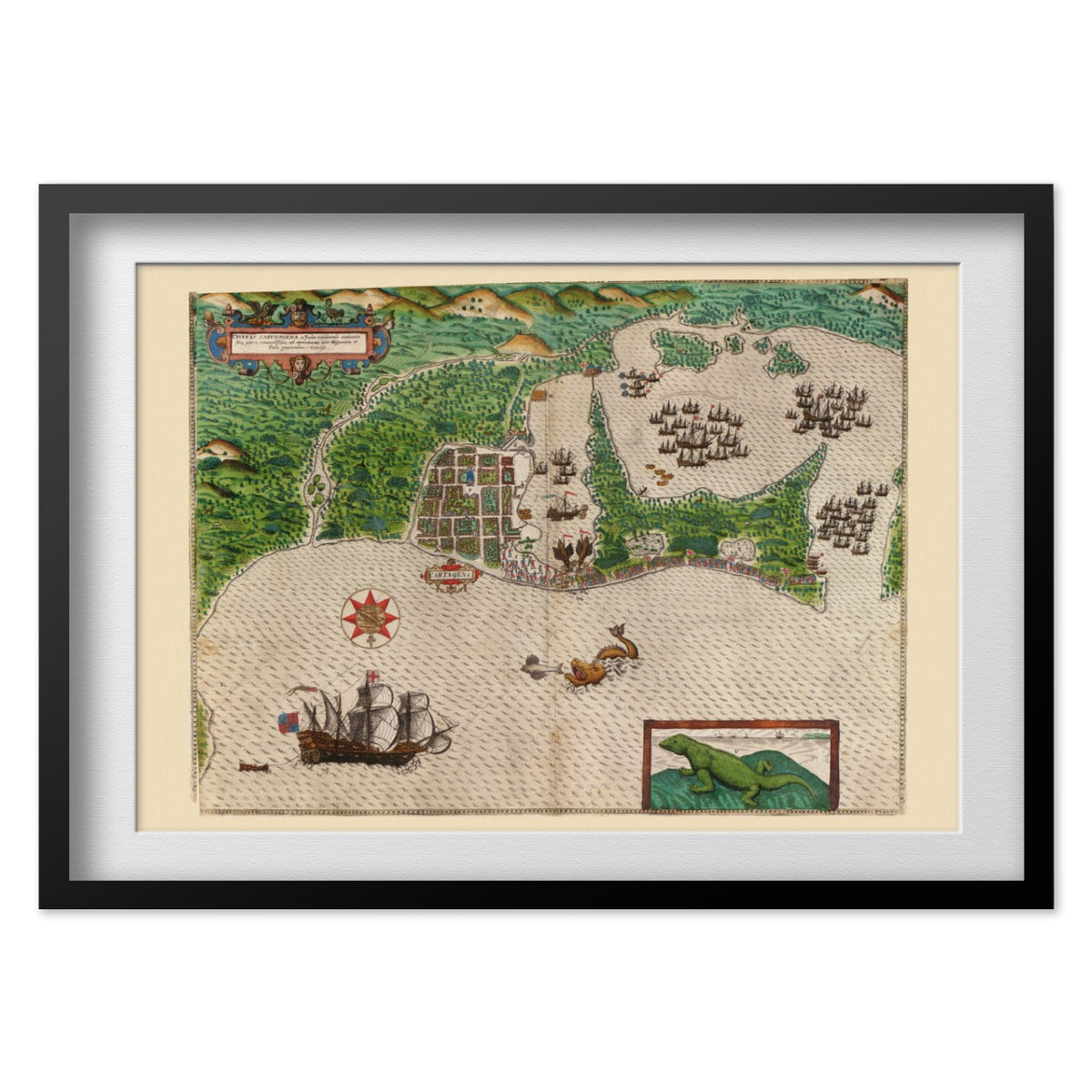Drake Capture of Cartagena 1586 print in a black frame