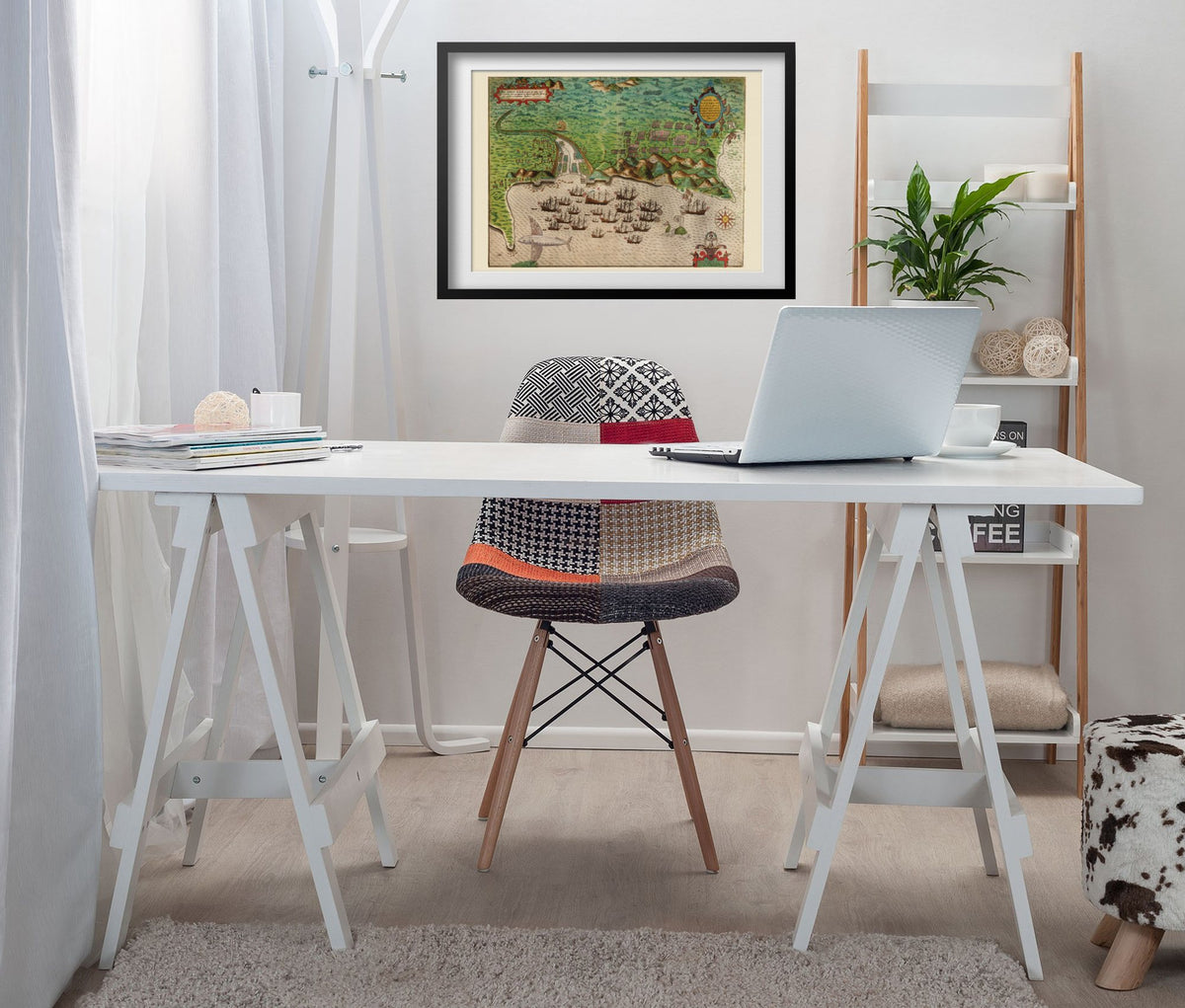Drake Raid on Santiago 1585 framed above a white desk in a home office
