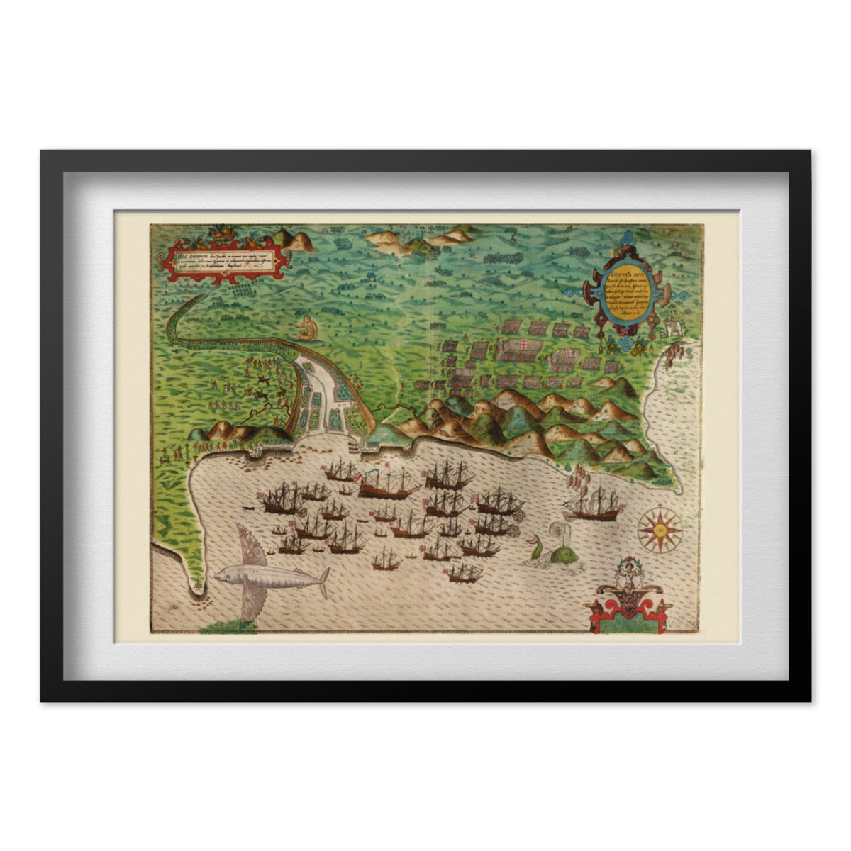 Drake Raid on Santiago 1585 print in a black frame