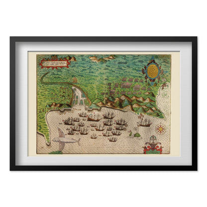 Drake Raid on Santiago 1585 print in a black frame