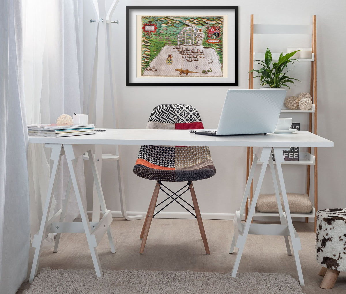 Drake Attack on Santo Domingo 1586 framed above a white desk in a home office