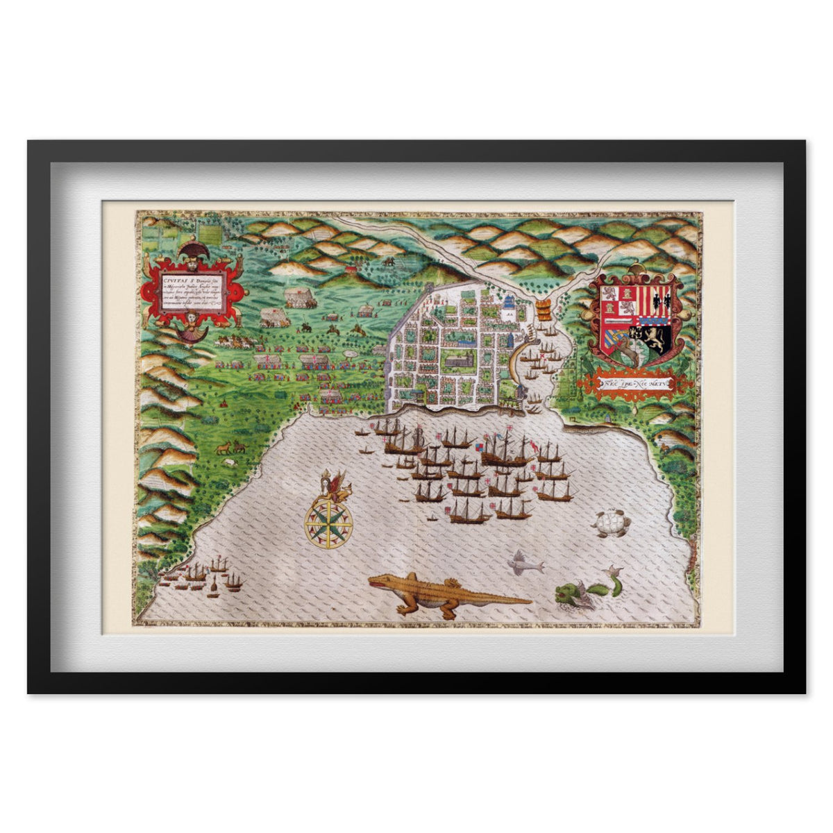 Drake Attack on Santo Domingo 1586 print in a black frame