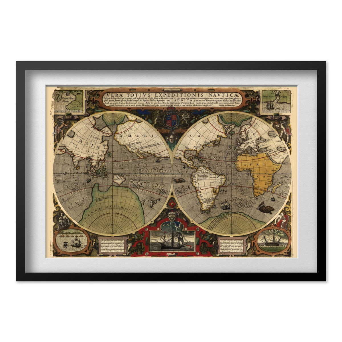 Drake Voyage Around the World 1590 print in a black frame
