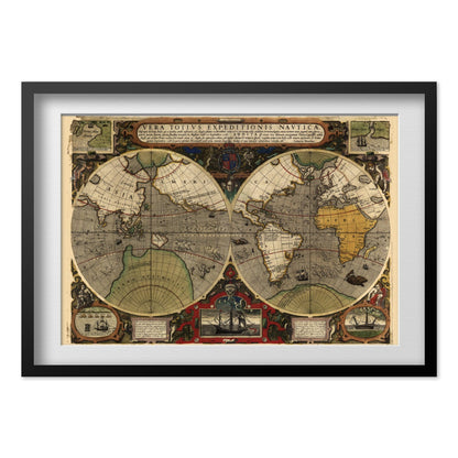 Drake Voyage Around the World 1590 print in a black frame