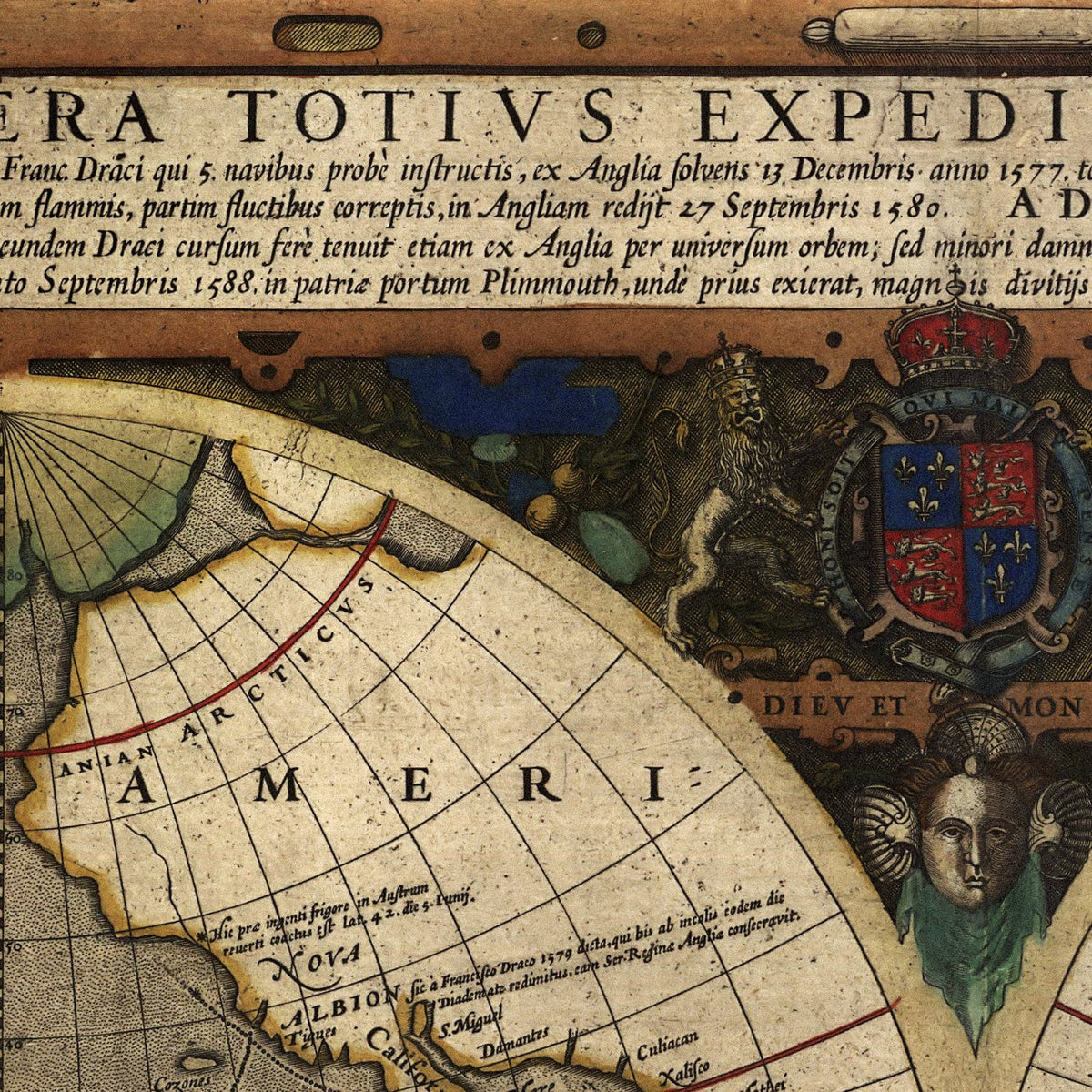 Close-up detail of the Drake Voyage Around the World 1590 print