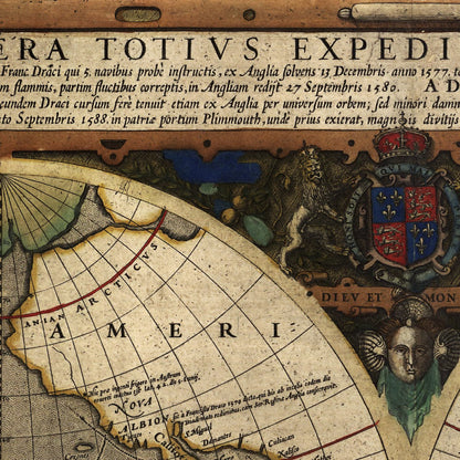 Close-up detail of the Drake Voyage Around the World 1590 print