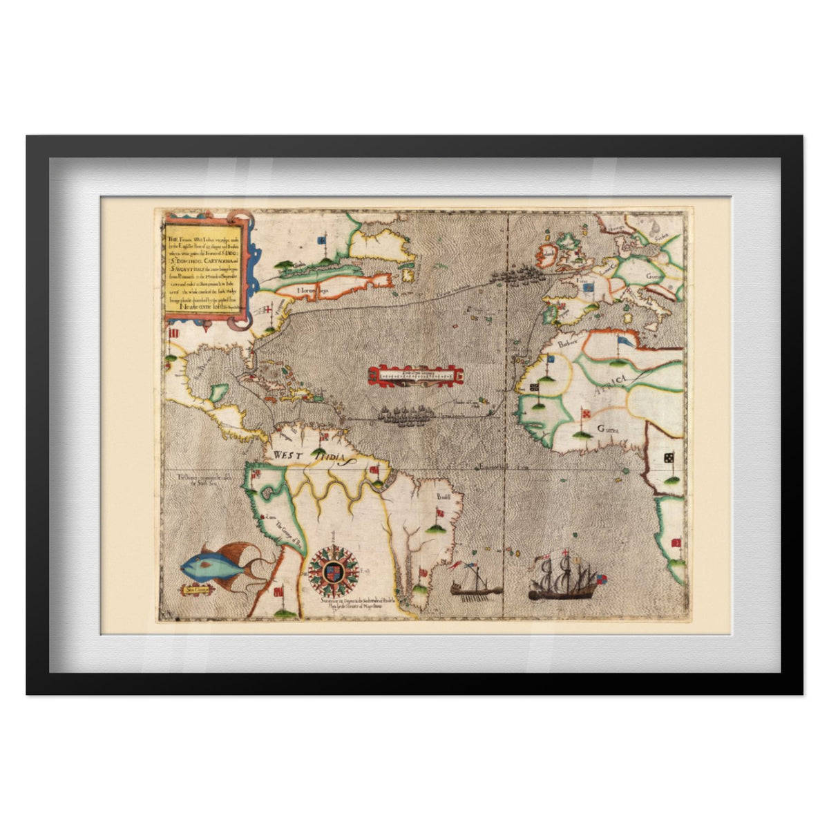 Drake West Indies Voyage 1585 print in a black frame
