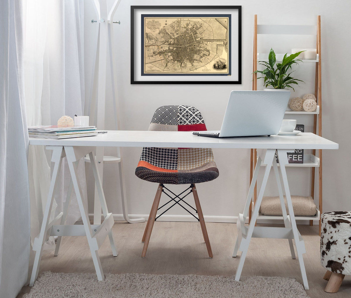 Dublin 1790s City Plan print framed above a white desk in a home office