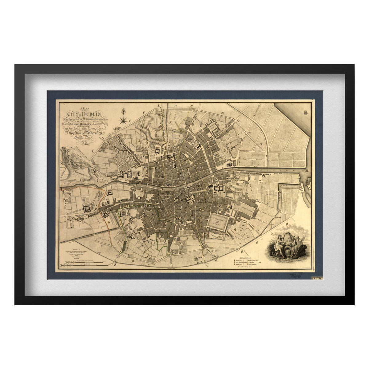 Dublin 1790s City Plan print in a black frame with a white mat