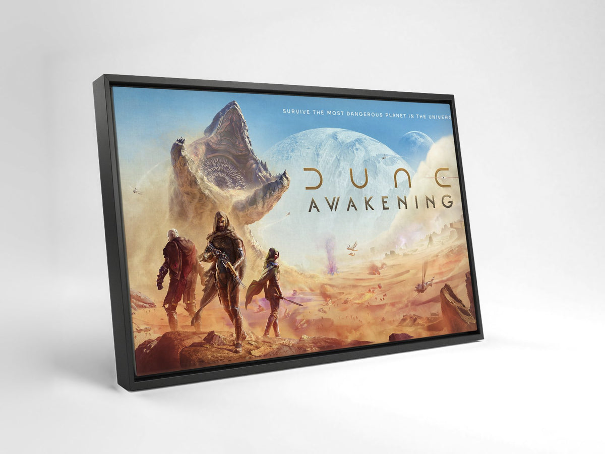 Dune: Awakening Key Art as a black floater framed canvas leaning against a wall
