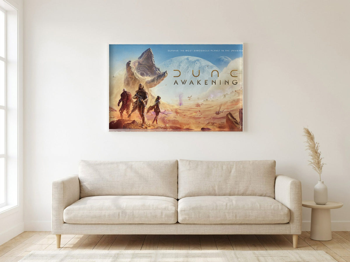Dune: Awakening Key Art poster in a white frame in a living room