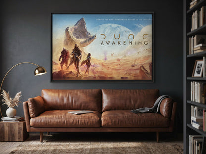 Dune: Awakening Key Art as a black floater framed canvas in a media room