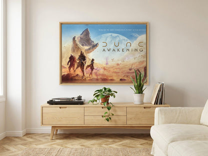 Dune: Awakening Key Art as an oak floater framed canvas in a Scandinavian lounge