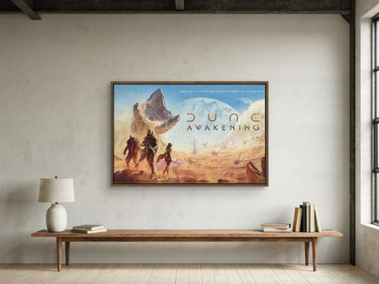 Dune: Awakening Key Art as a walnut floater framed canvas in a loft