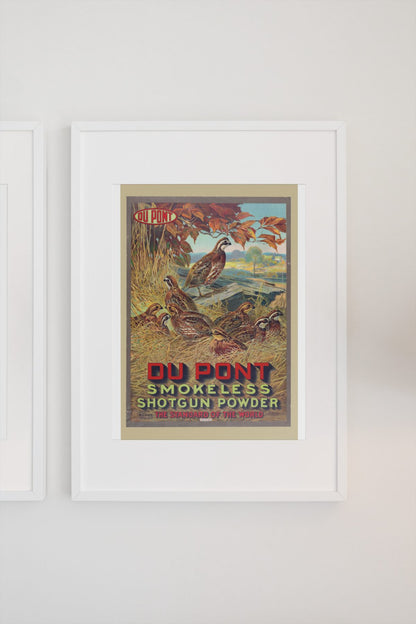 DuPont Smokeless Shotgun Powder poster on a light wall